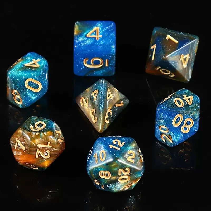Blue & Gold Galaxy Acrylic Dice — Two-tone blue and gold galaxy acrylic with glitter, gold ink.