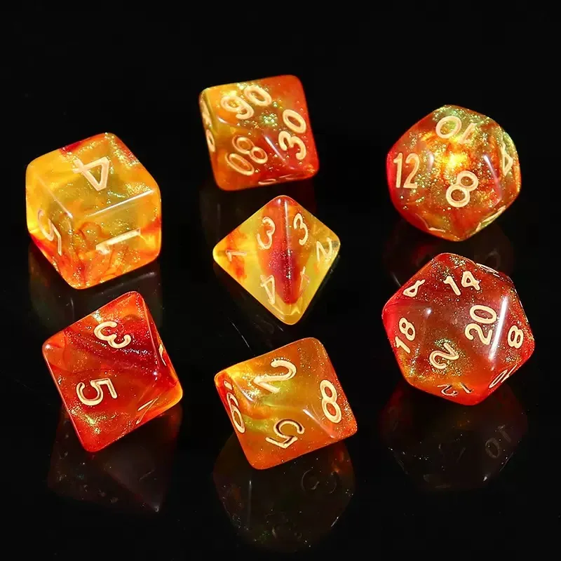 Fire Galaxy Acrylic Dice — Orange, red and yellow fire-galaxy acrylic with glitter, gold ink.