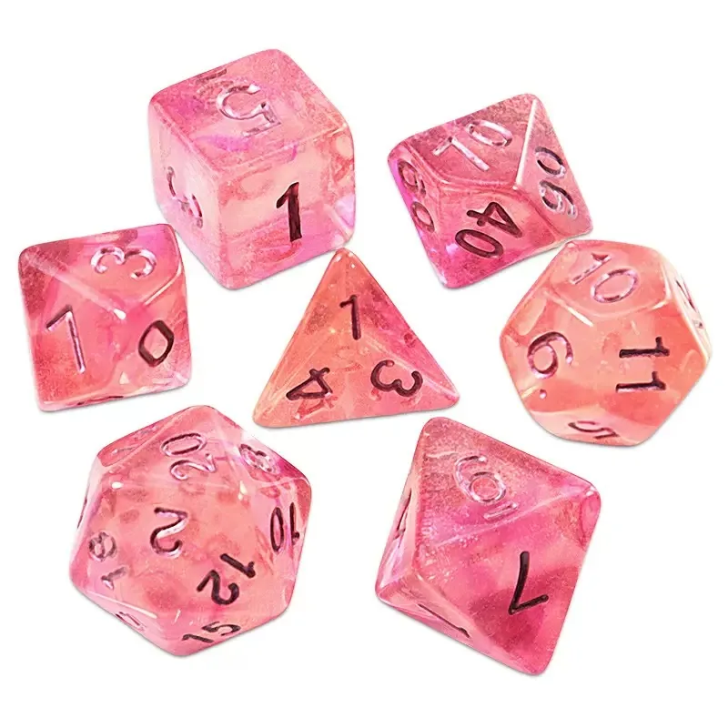 Pink Glow Acrylic Dice — Translucent rose-pink acrylic with a soft glow and black ink.
