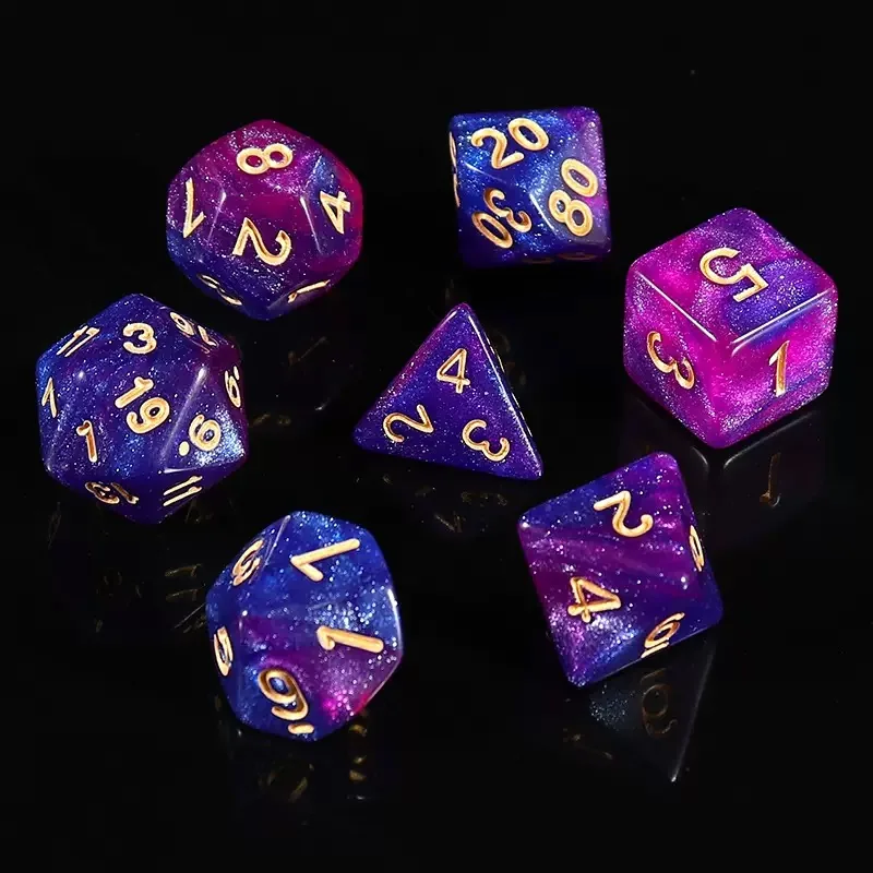 Purple Galaxy Acrylic Dice — Purple, blue and magenta galaxy acrylic with glitter, gold ink.
