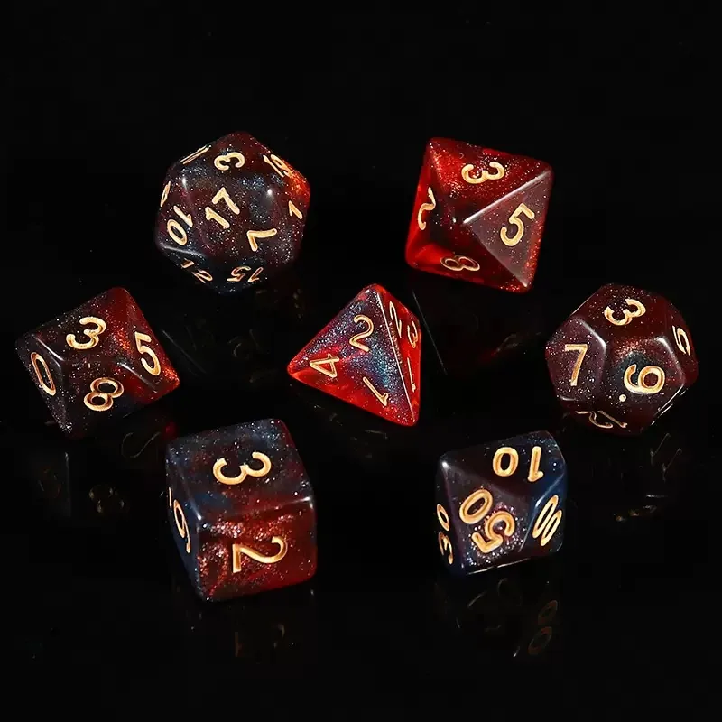 Red Nebula Acrylic Dice — Deep red-and-black nebula acrylic with fine glitter, gold ink.