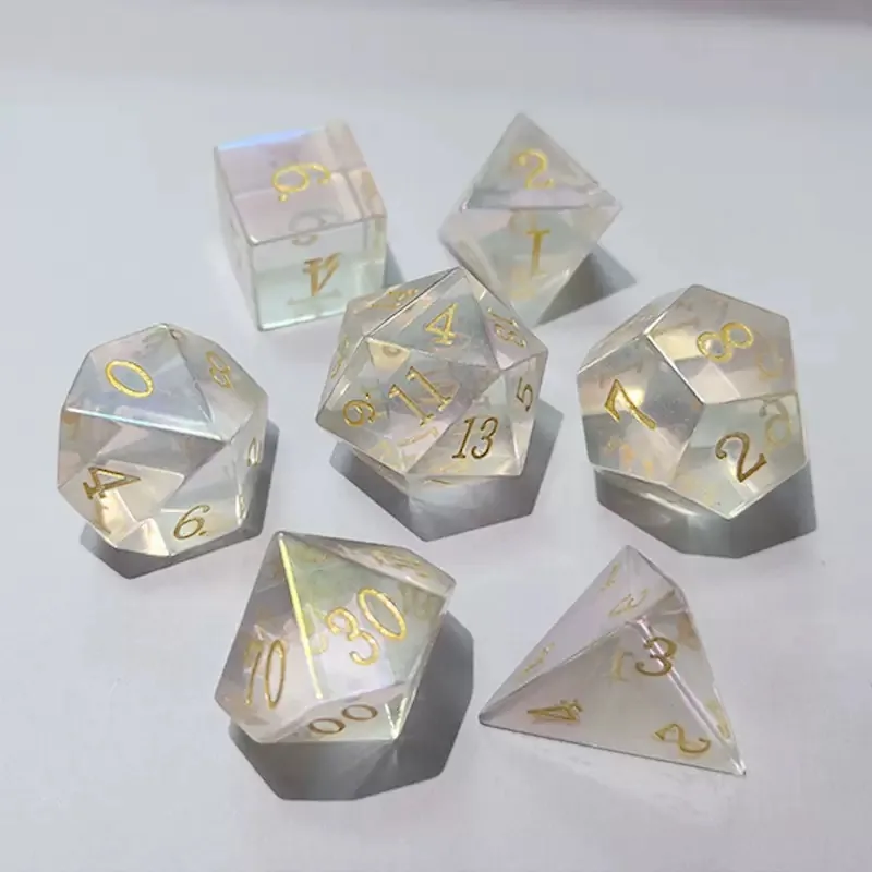 Custom natural clear quartz polyhedral D&D dice set with engraved numbers