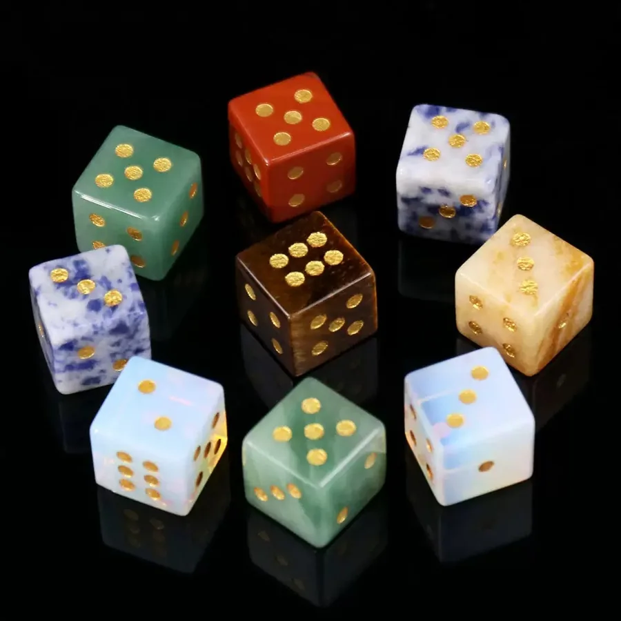 Custom crystal divination dice — astrology, rune and oracle dice cut from natural gemstone by the CuiShen factory in Dongguan, China