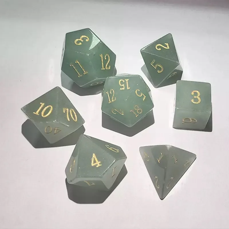 Custom natural green aventurine polyhedral D&D dice set with engraved numbers