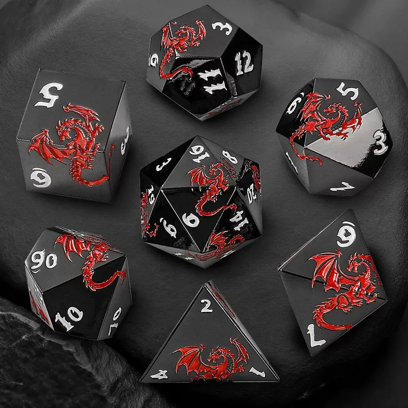 Black Red Dragon Metal Dice — Solid black metal with a raised red dragon and white numbers.