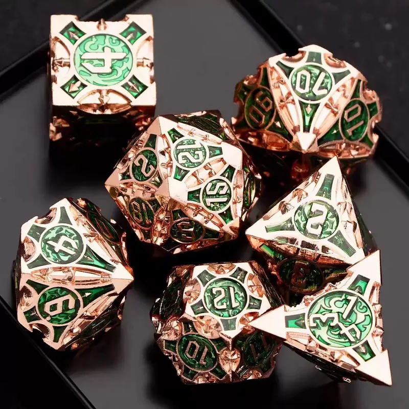 Copper & Green Hollow Dragon Metal Dice — Openwork copper-tone metal with green enamel and a dragon motif.