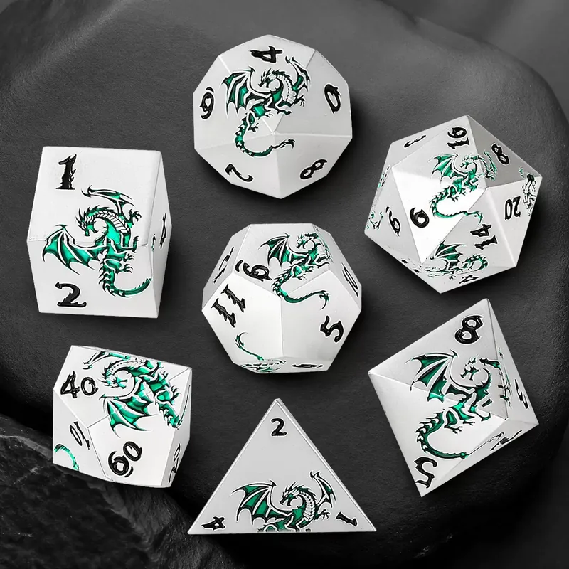 Silver Green Dragon Metal Dice — Solid silver metal with a green dragon relief and black numbers.