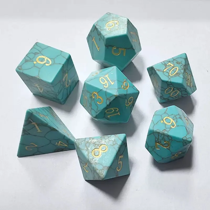 Custom natural turquoise polyhedral D&D dice set with engraved numbers